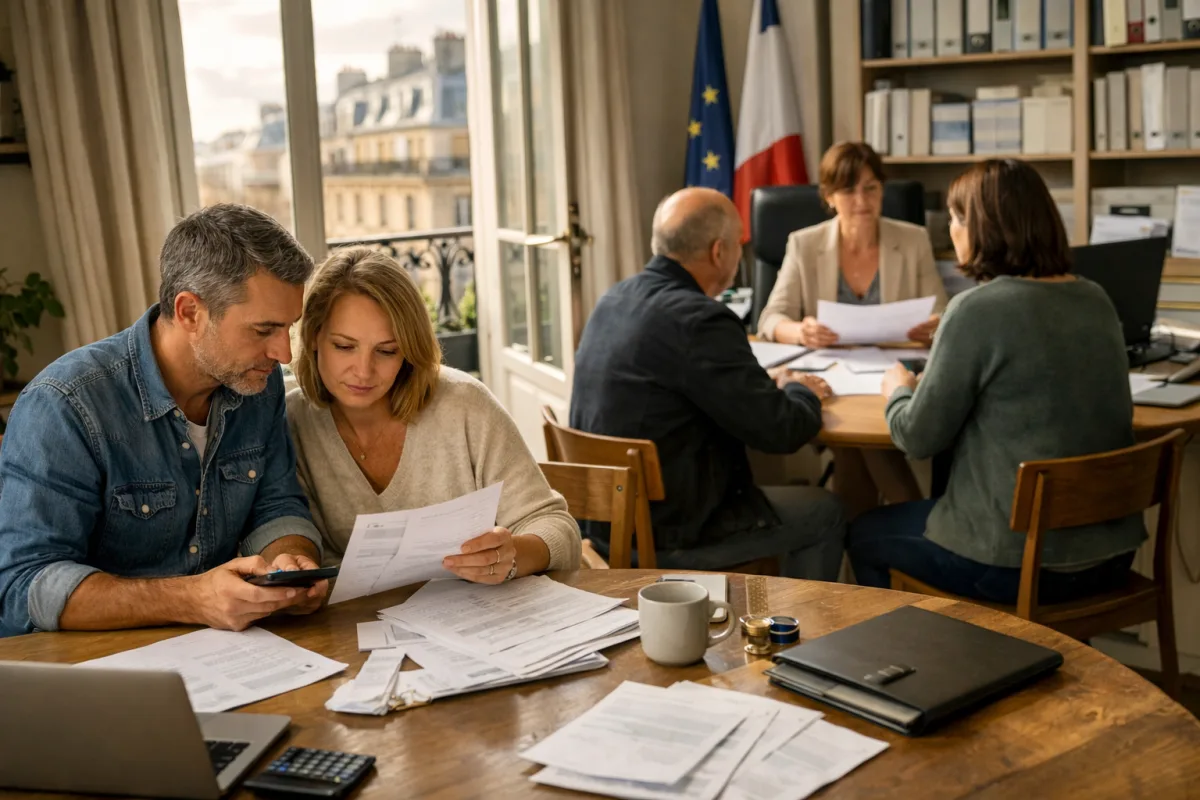 Famille consultant sa déclaration d'impôts avec des documents fiscaux