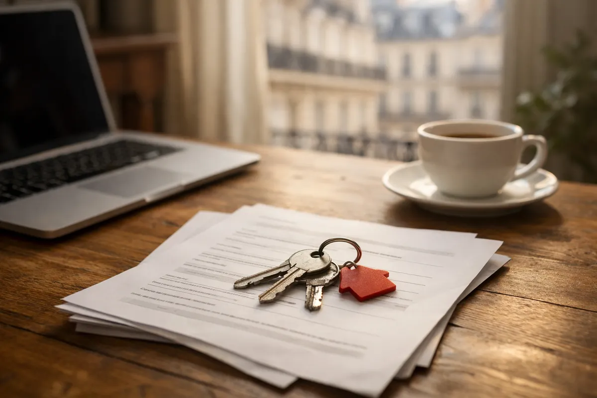 Clés d'appartement posées sur un bail de location avec des documents administratifs