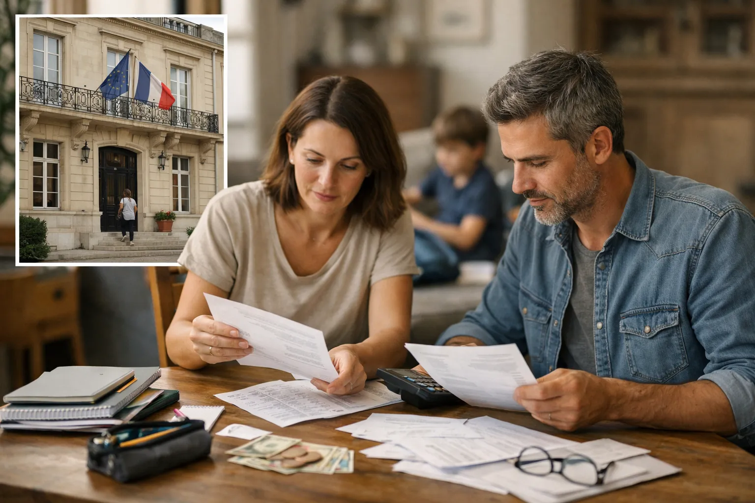 Parent et enfant préparant la rentrée scolaire avec des fournitures sur une table