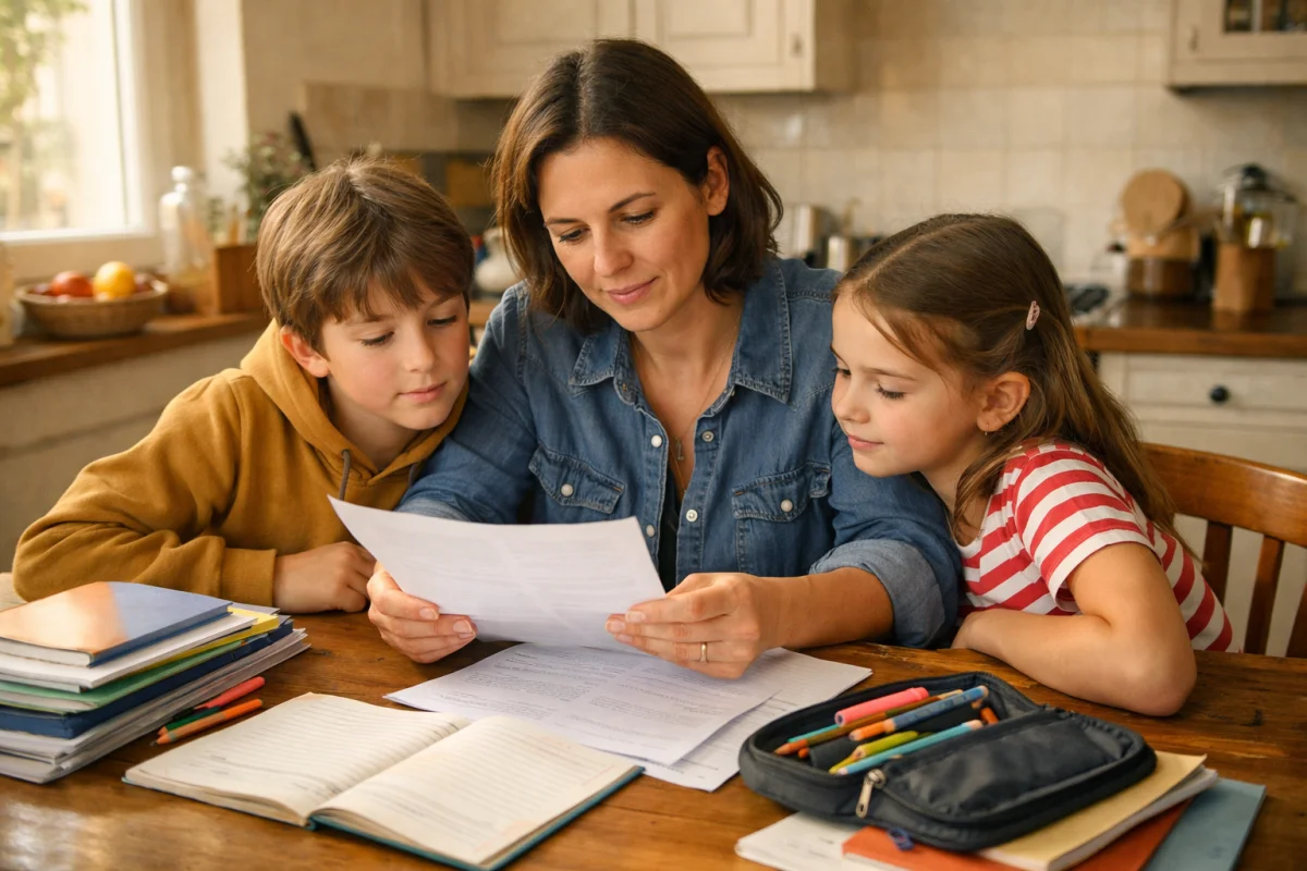 A French parent sitting at a kitchen table with two school-age children, reviewing CAF paperwork and