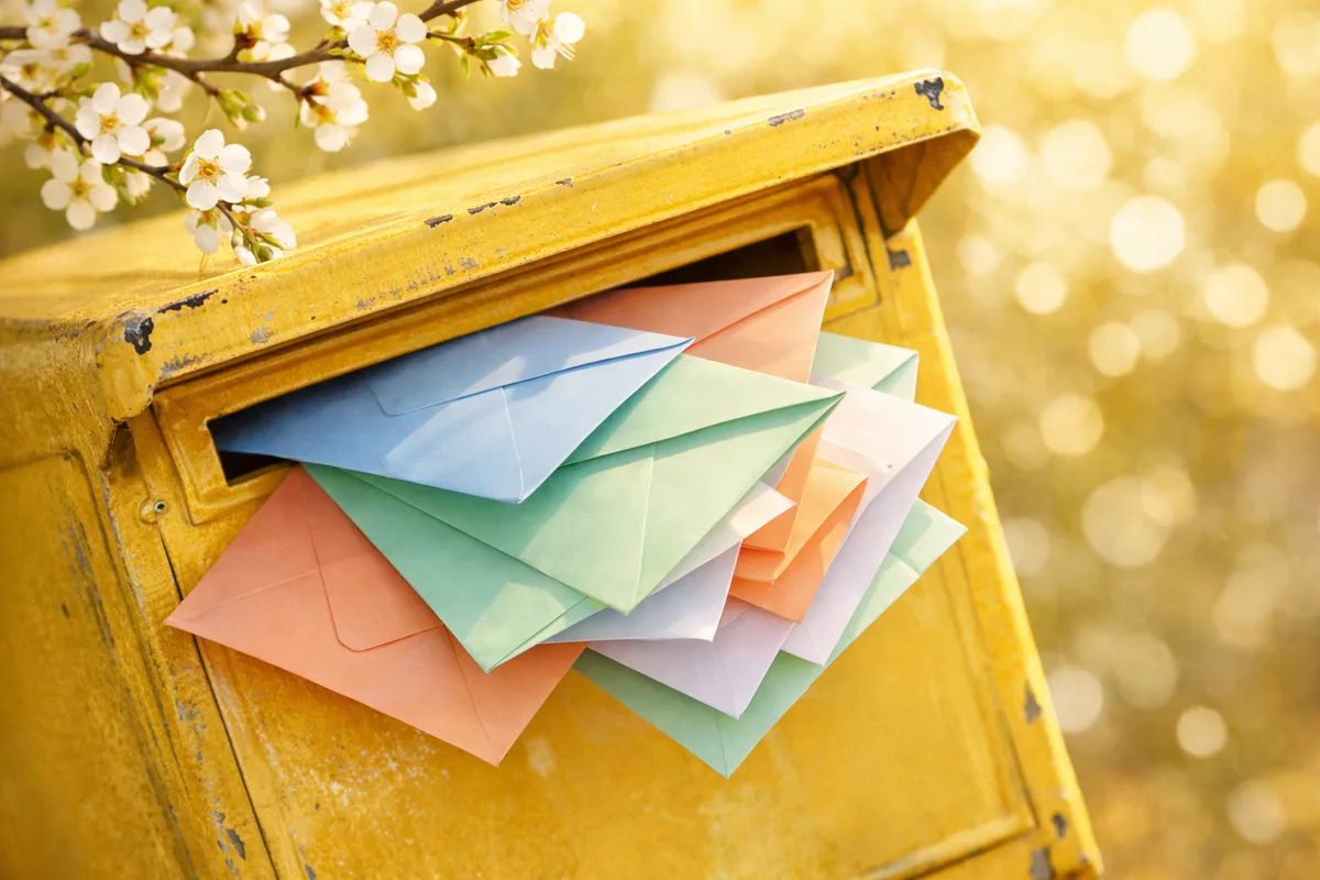 Boîte aux lettres jaune débordant d'enveloppes colorées au printemps