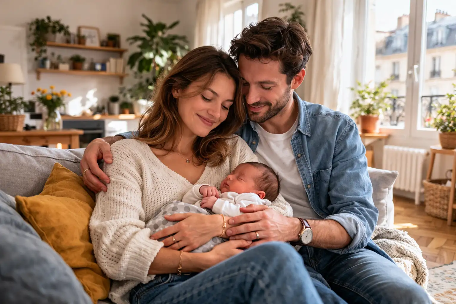Jeune couple souriant avec leur nouveau-né dans leur salon