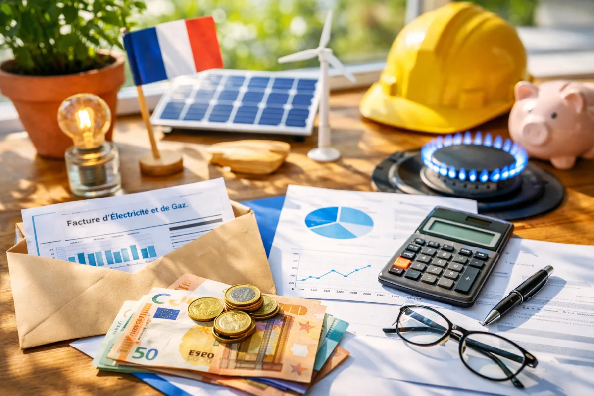 Pompe à essence, tracteur et bateau de pêche avec des billets d'euros et des graphiques de prix de l'énergie