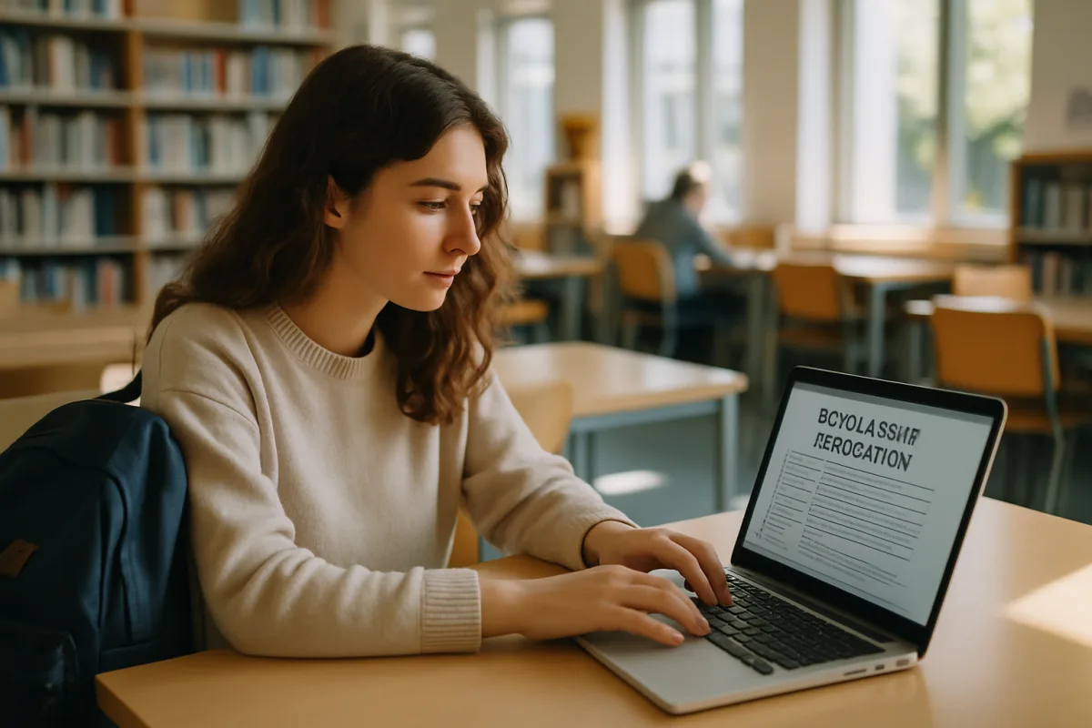 Étudiante remplissant son dossier de bourse sur un ordinateur portable à la bibliothèque