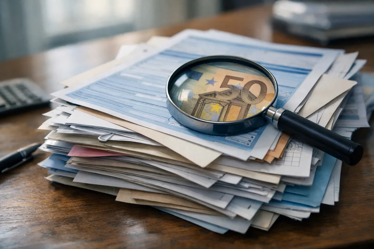 Illustration symbolique de la fraude sociale avec des documents administratifs et une loupe sur des chiffres