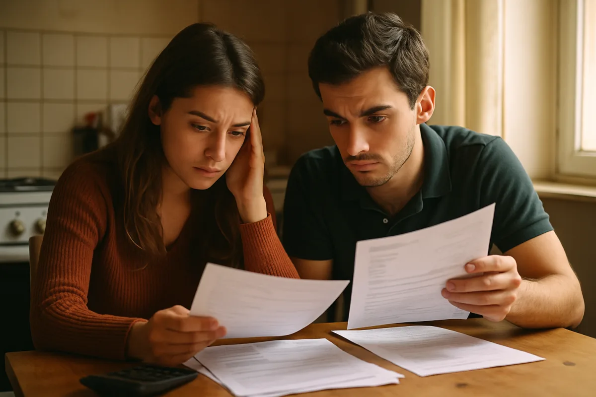 Couple de locataires inquiets révisant leurs factures dans leur cuisine