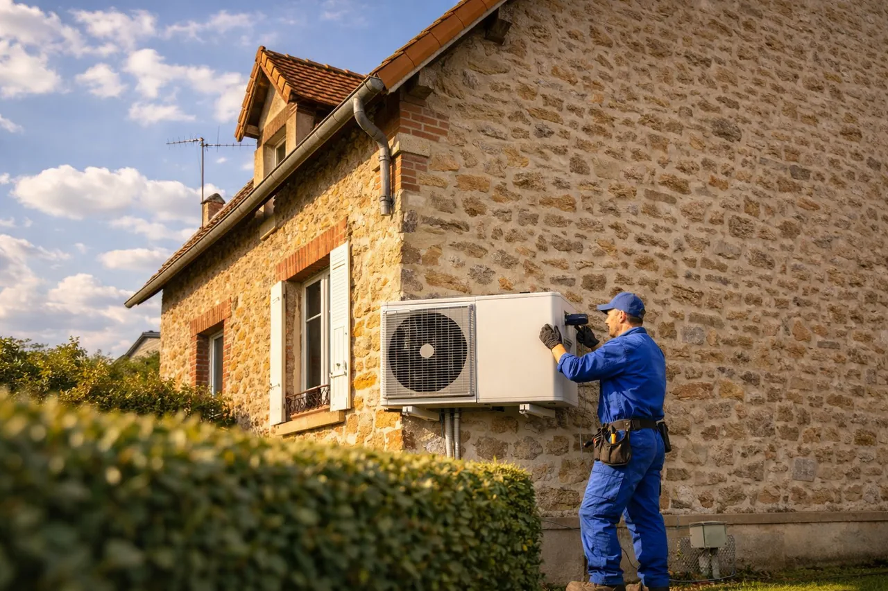 Artisan installant une pompe à chaleur sur la façade d'une maison individuelle