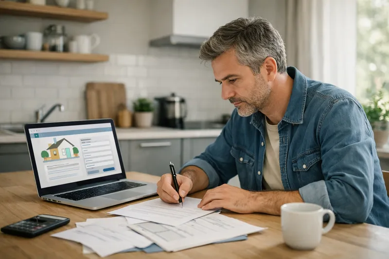 Un propriétaire français assis à sa table de cuisine avec des documents et un ordinateur portable ouvert sur le site MaPrimeRénov'