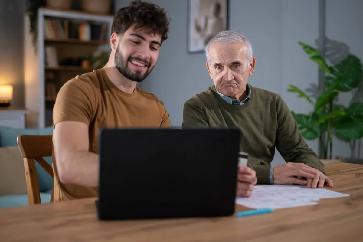 Main d'une personne âgée hésitant devant un guichet d'accueil administratif moderne, lumière douce, tons bleu et blanc, pas de texte lisible
