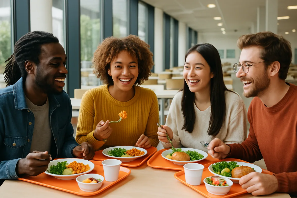 Étudiants déjeunant ensemble dans un restaurant universitaire moderne