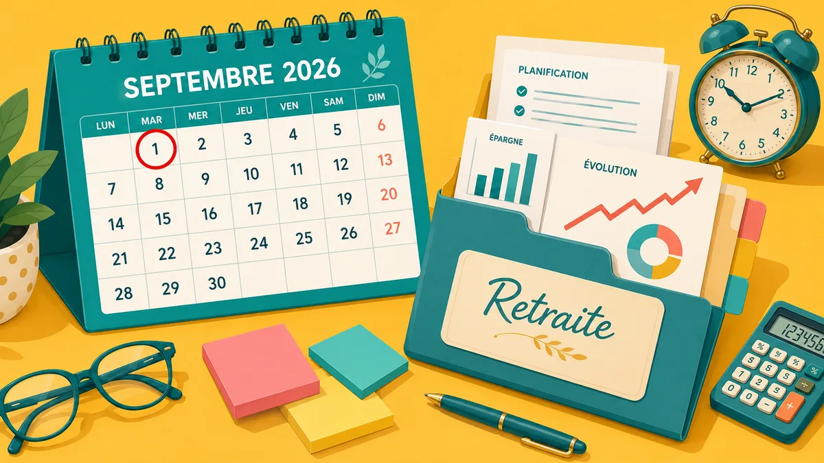 Calendrier avec la date du 1er septembre 2026 entourée et un dossier retraite ouvert