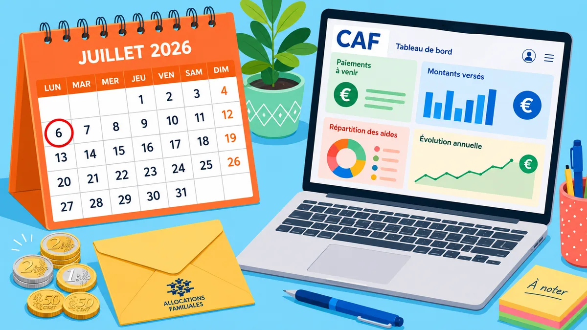 Calendrier de juillet 2026 avec le 6 entouré et un ordinateur affichant l'espace allocataire CAF
